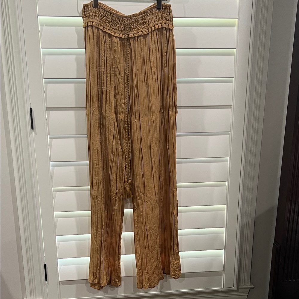 Gold Silk Look Pleated Wide-Leg Pants